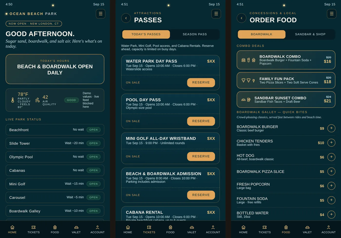 A Marquee guest app for a beach park: live wait times, day passes to reserve, and food ordering with combo deals